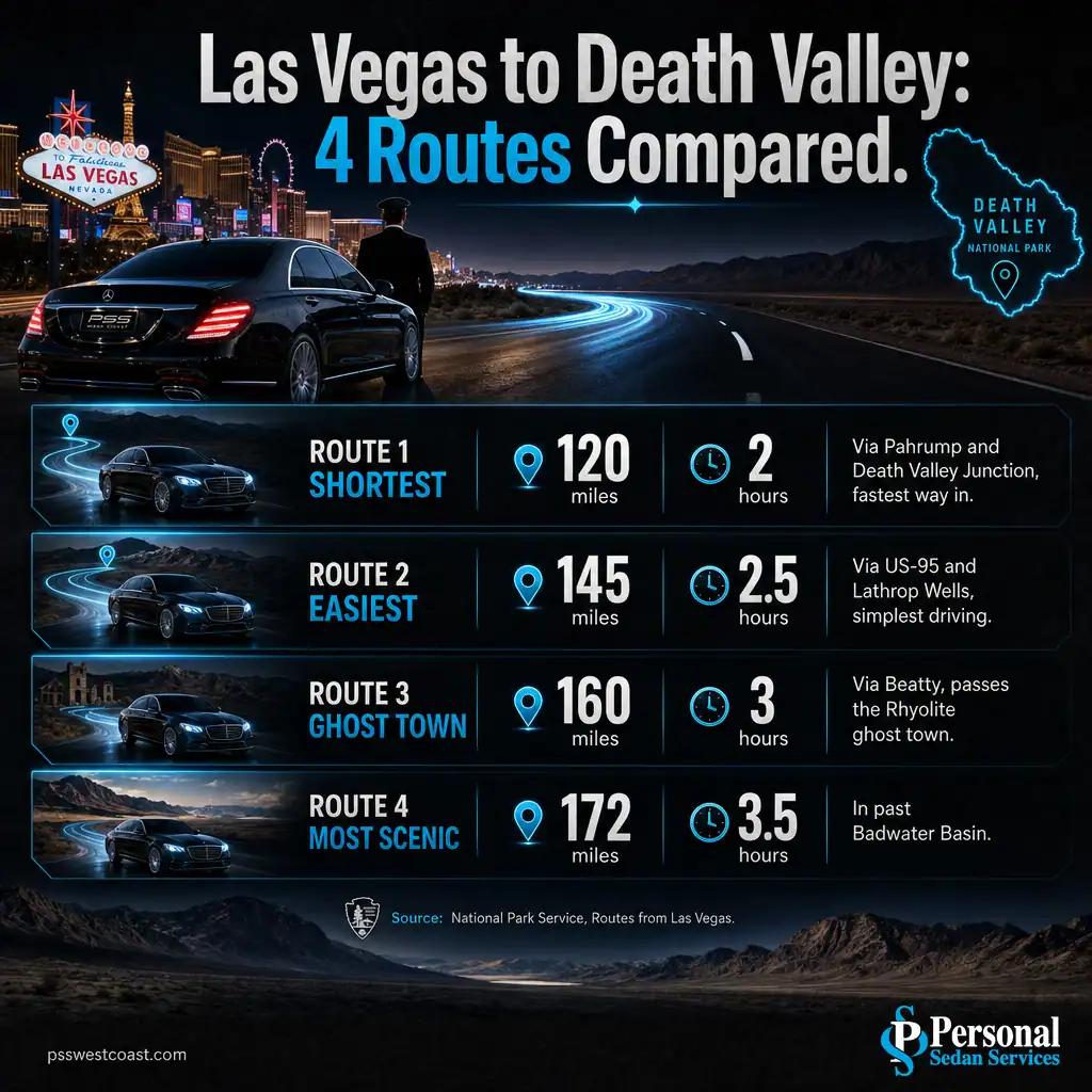Las Vegas To Death Valley Four Routes Distance Comparison – Personal Sedan Services Infographic comparing distance and drive time for four routes from Las Vegas to Death Valley Furnace Creek