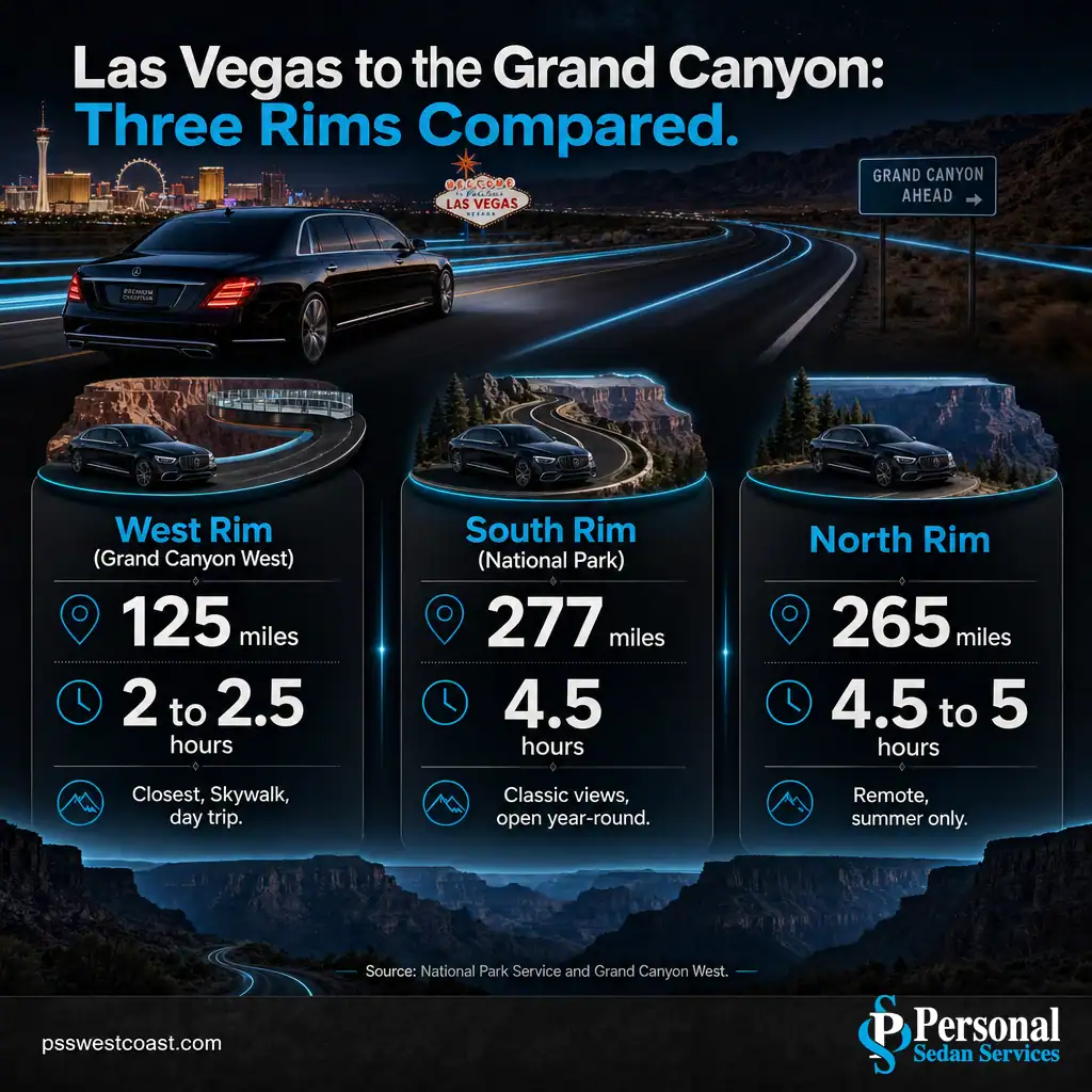 Las Vegas To Grand Canyon Three Rims Distance Comparison – Personal Sedan Services Infographic comparing distance and drive time from Las Vegas to the Grand Canyon West, South, and North rims