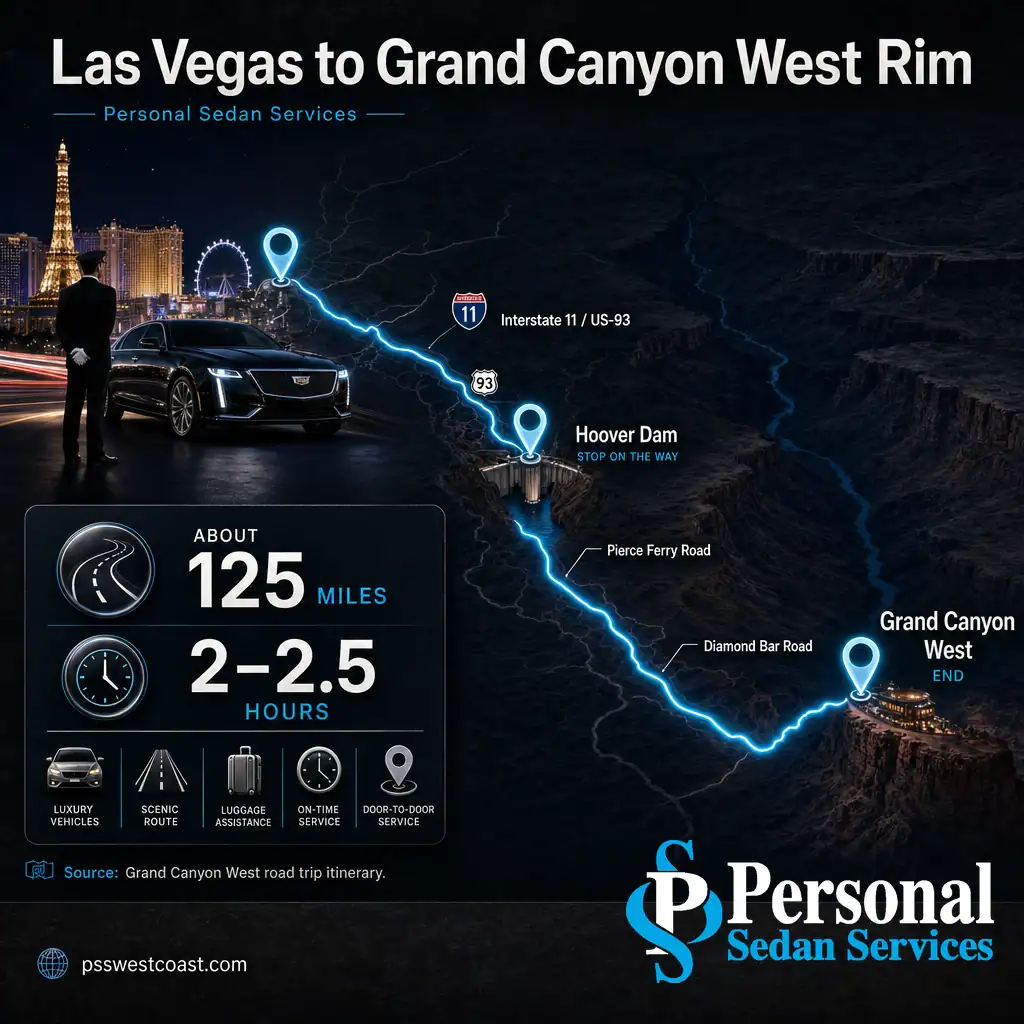 Las Vegas To Grand Canyon West Rim Route Map Via Hoover Dam – Personal Sedan Services Route map from Las Vegas to Grand Canyon West Rim passing Hoover Dam via I-11, US-93, Pierce Ferry and Diamond Bar roads