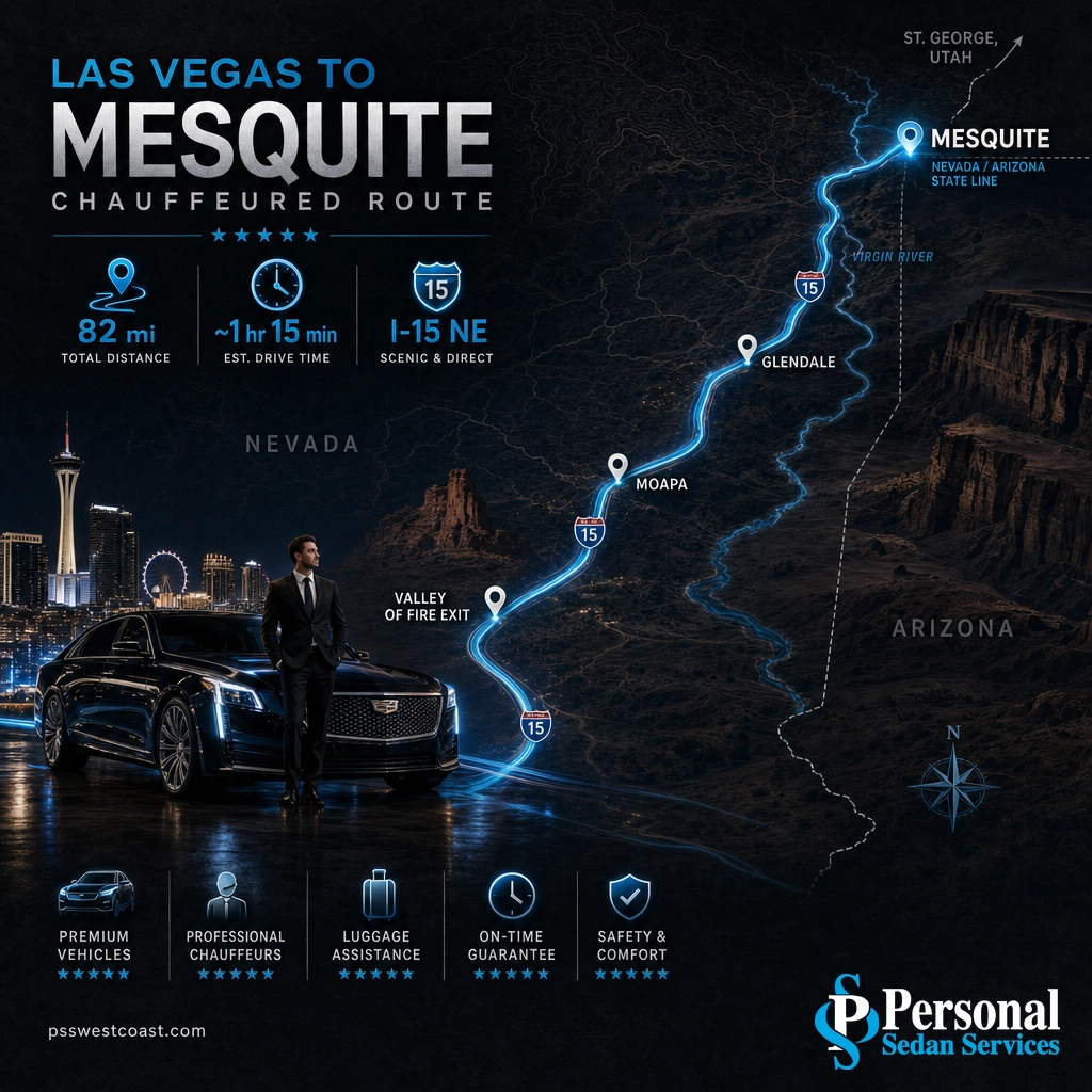 Las Vegas To Mesquite Route Map I-15 North – Personal Sedan Services Route map from Las Vegas northeast on Interstate 15 past Valley of Fire and the Virgin River into Mesquite
