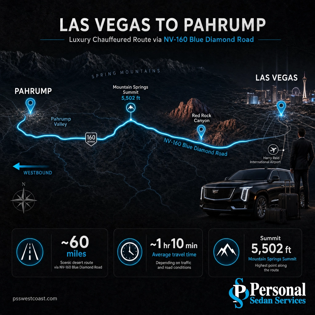 Las Vegas To Pahrump Route Map NV-160 – Personal Sedan Services Route map from Las Vegas west on NV-160 over Mountain Springs Summit into Pahrump