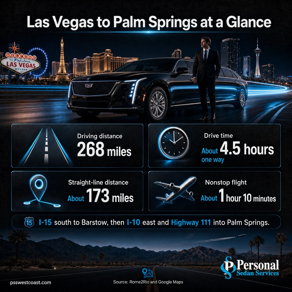 Las Vegas To Palm Springs Distance And Drive Time At A Glance – Personal Sedan Services Infographic showing Las Vegas to Palm Springs distance of 268 miles, 4.5 hour drive time, and 173 mile straight-line distance