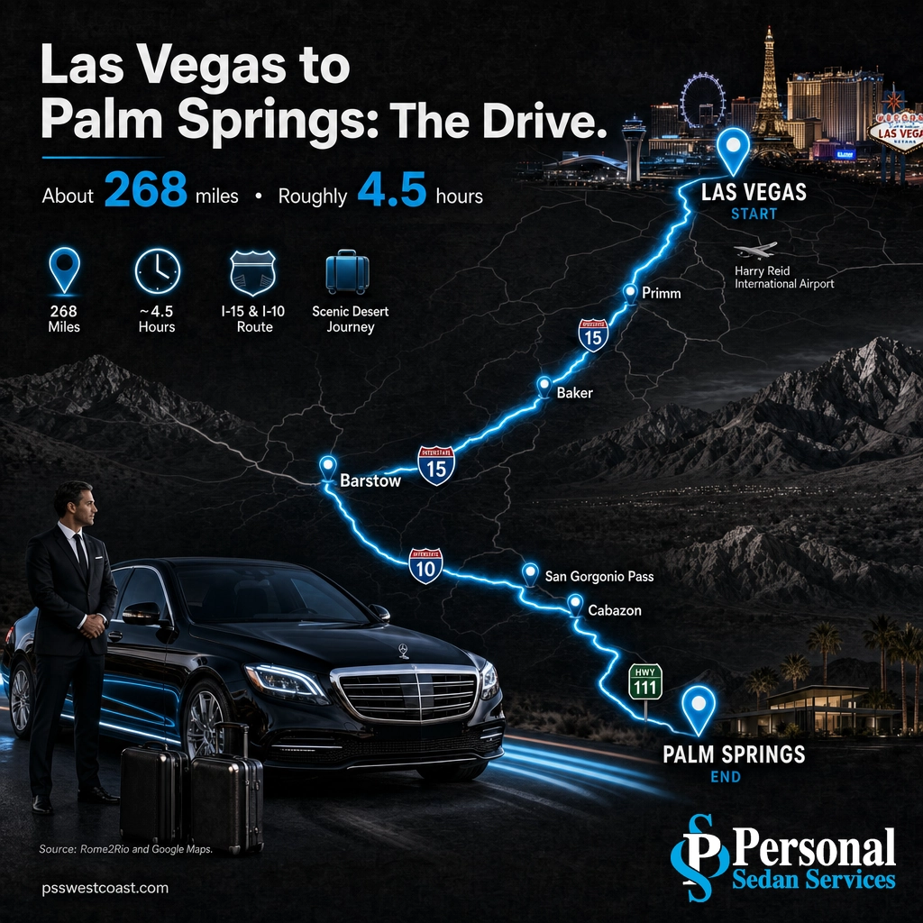 Las Vegas To Palm Springs Route Map Via Barstow And Interstate 10 – Personal Sedan Services Route map from Las Vegas to Palm Springs via Interstate 15, Barstow, Interstate 10, the San Gorgonio Pass and Highway 111