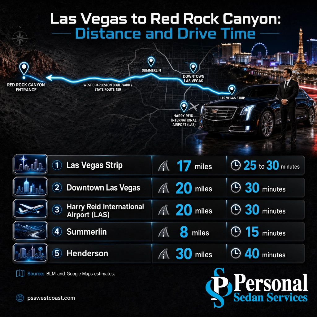 Las Vegas To Red Rock Canyon Distance And Drive Time – Personal Sedan Services Infographic of distances and drive times from Las Vegas Strip, downtown, airport, Summerlin, and Henderson to Red Rock Canyon