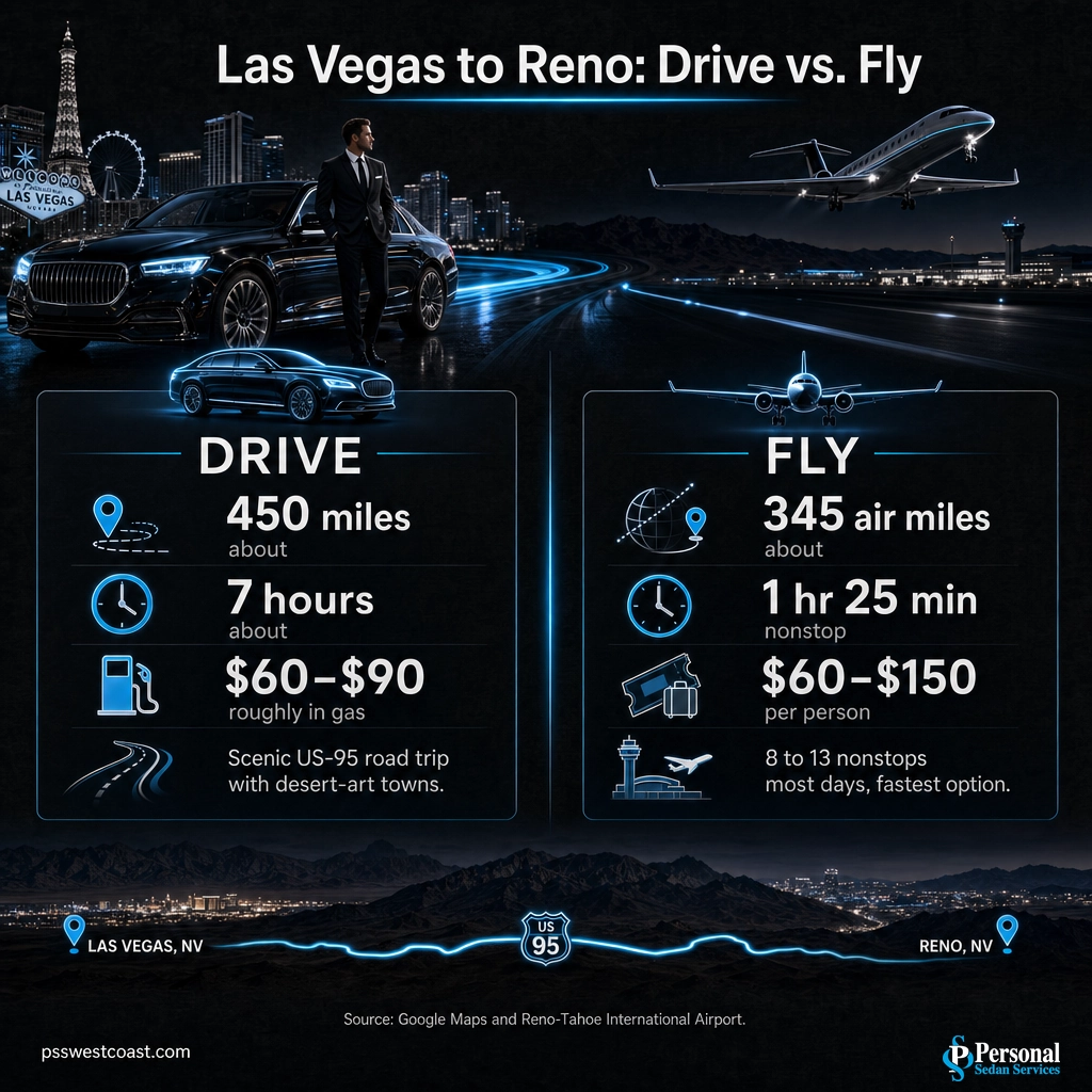 Infographic comparing driving and flying from Las Vegas to Reno by distance, time and rough cost