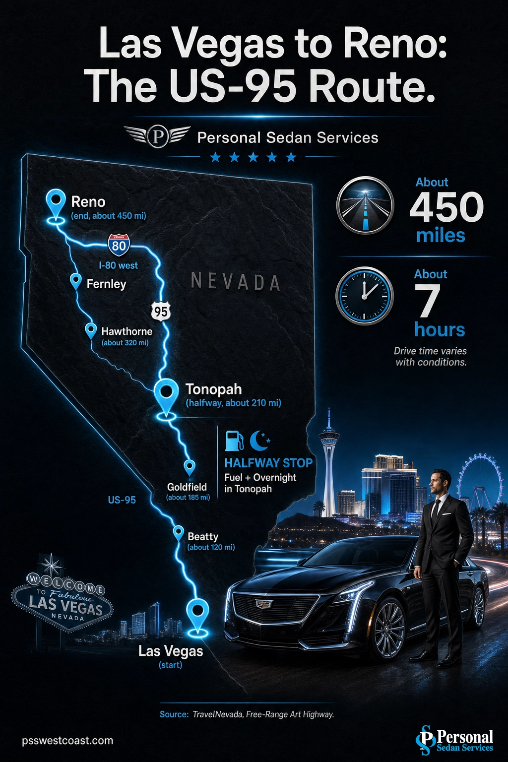 Route map from Las Vegas to Reno up US-95 north through Beatty, Goldfield, Tonopah and Hawthorne to Fernley and I-80