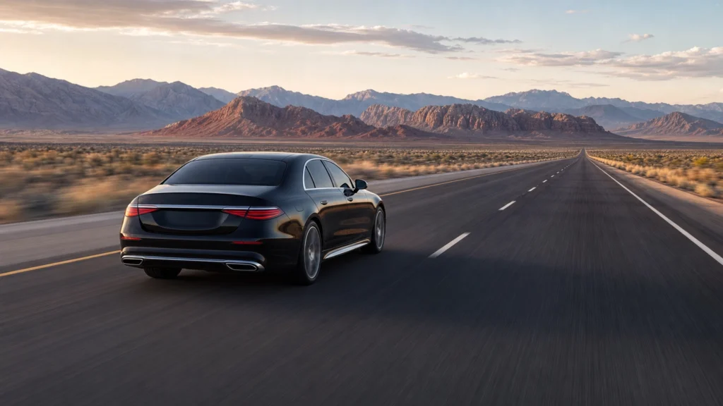 Black luxury sedan on Interstate 15 heading from Las Vegas toward Salt Lake City through the desert