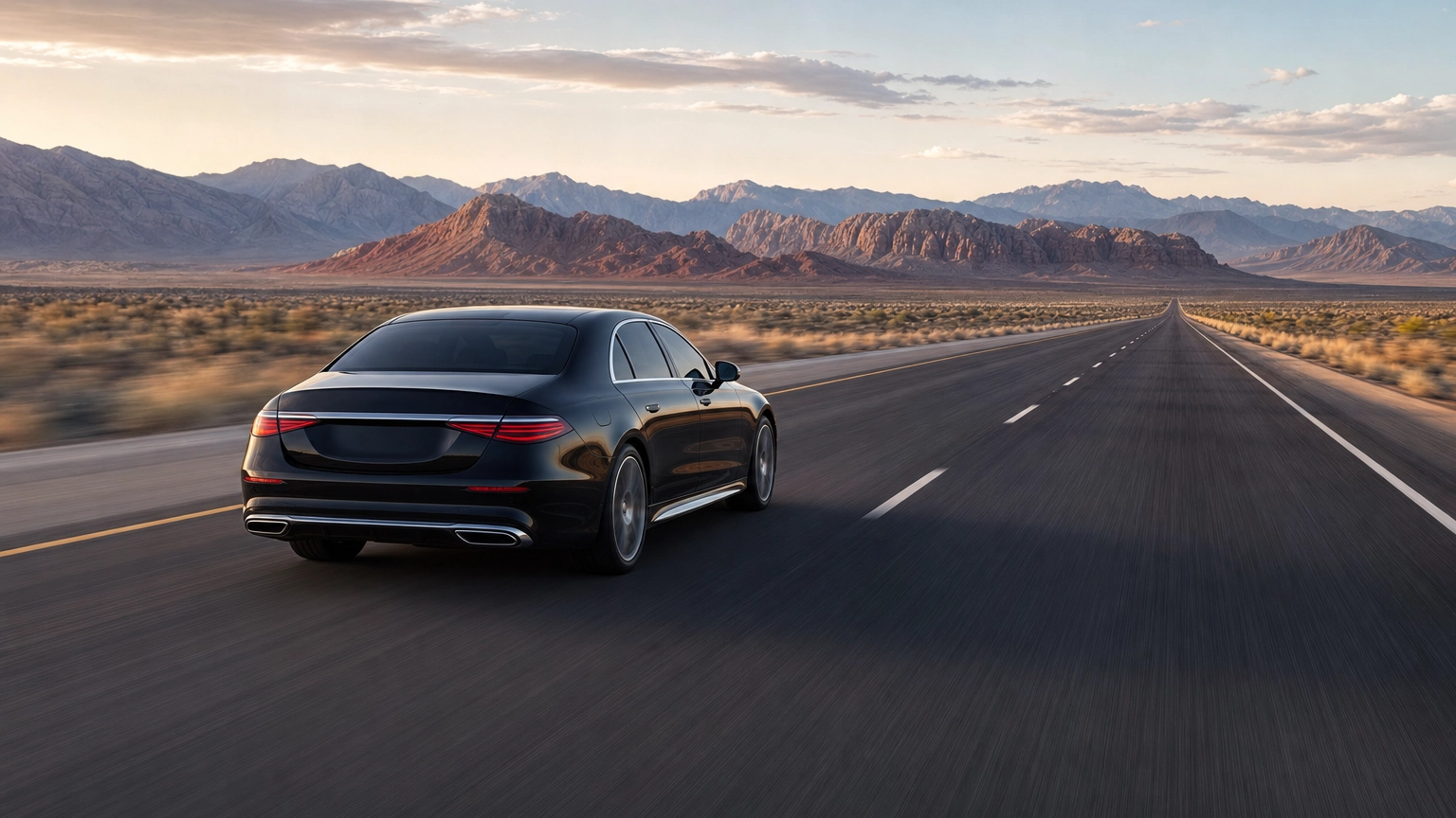 Black luxury sedan on Interstate 15 heading from Las Vegas toward Salt Lake City through the desert