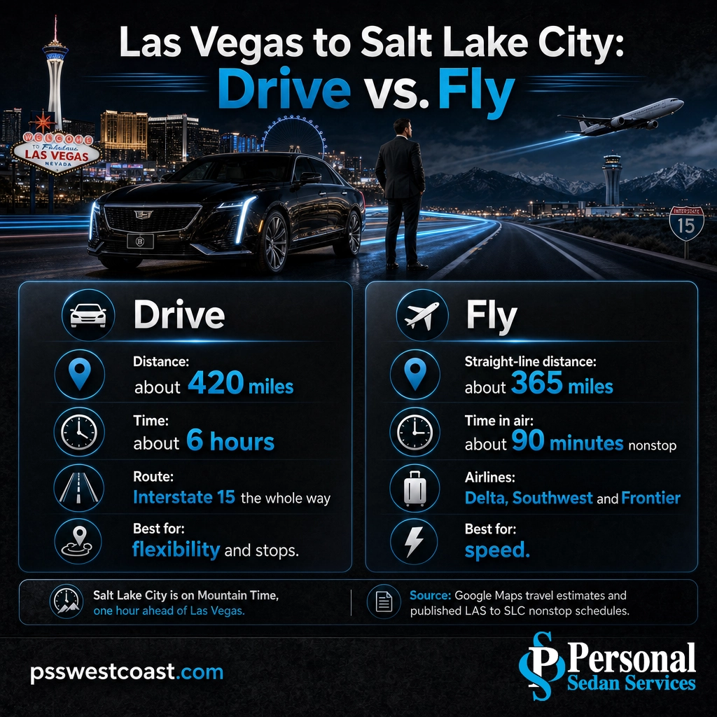 Infographic comparing driving and flying from Las Vegas to Salt Lake City by distance and time