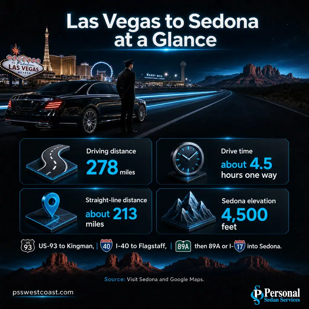 Las Vegas To Sedona Distance And Drive Time At A Glance – Personal Sedan Services Infographic showing Las Vegas to Sedona distance of 278 miles, 4.5 hour drive time, and 4,500 foot elevation