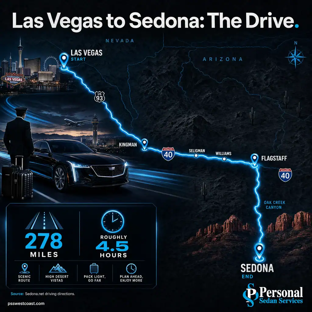 Las Vegas To Sedona Route Map Via Kingman And Flagstaff – Personal Sedan Services Route map from Las Vegas to Sedona via US-93, Kingman, Interstate 40, Flagstaff and Oak Creek Canyon