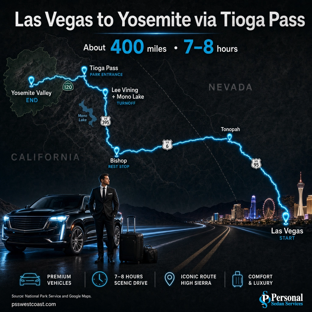 Las Vegas To Yosemite Route Map Via US-395 And Tioga Pass – Personal Sedan Services Route map from Las Vegas to Yosemite via US-95, US-6, US-395 and Highway 120 over Tioga Pass through Bishop and Lee Vining