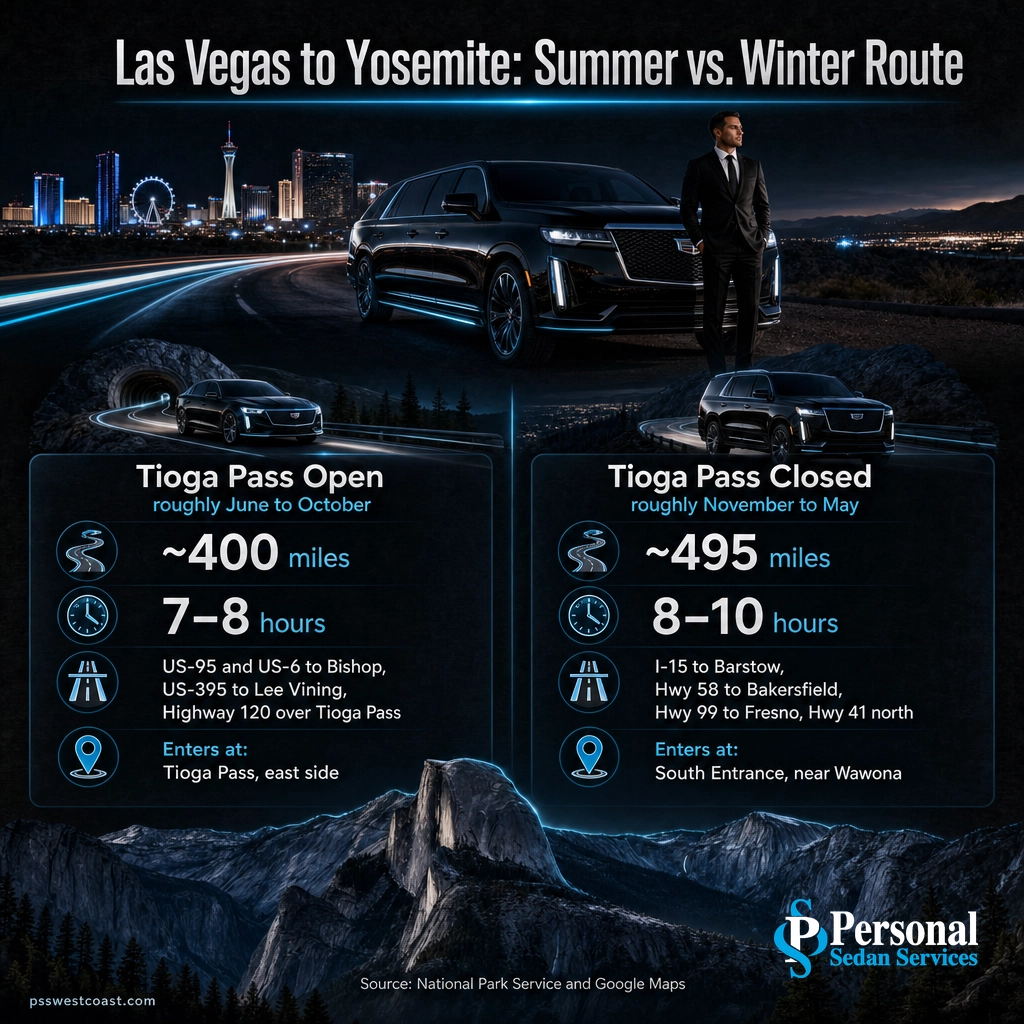 Las Vegas To Yosemite Summer Versus Winter Route Comparison – Personal Sedan Services Infographic comparing the summer Tioga Pass route and the winter Fresno route from Las Vegas to Yosemite