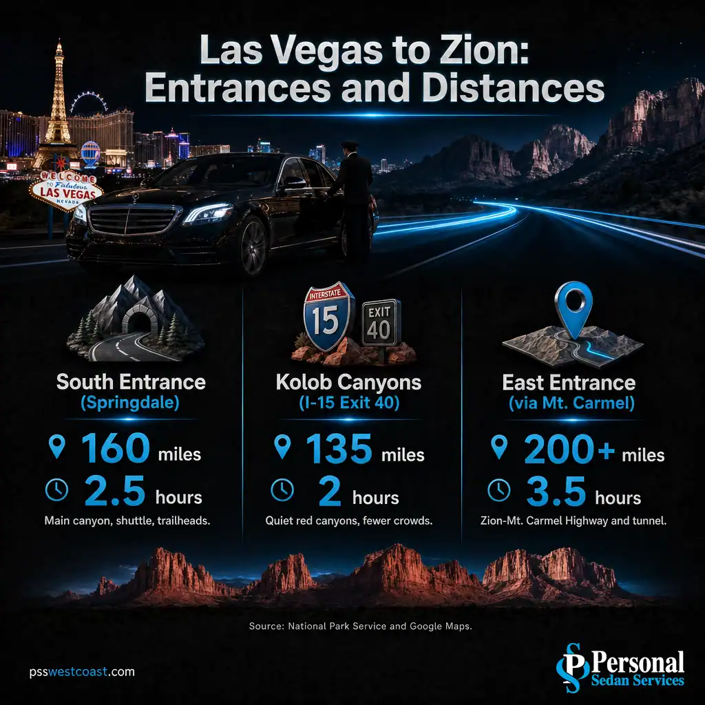 Las Vegas To Zion Entrances And Distance Comparison – Personal Sedan Services Infographic comparing distance and drive time from Las Vegas to Zion's south, Kolob Canyons, and east entrances