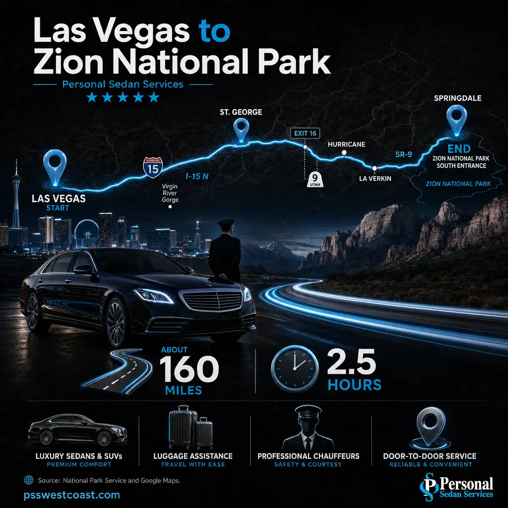 Las Vegas To Zion National Park Route Map Via I-15 And State Route 9 – Personal Sedan Services Route map from Las Vegas to Zion National Park via Interstate 15 and State Route 9 through St. George and Springdale