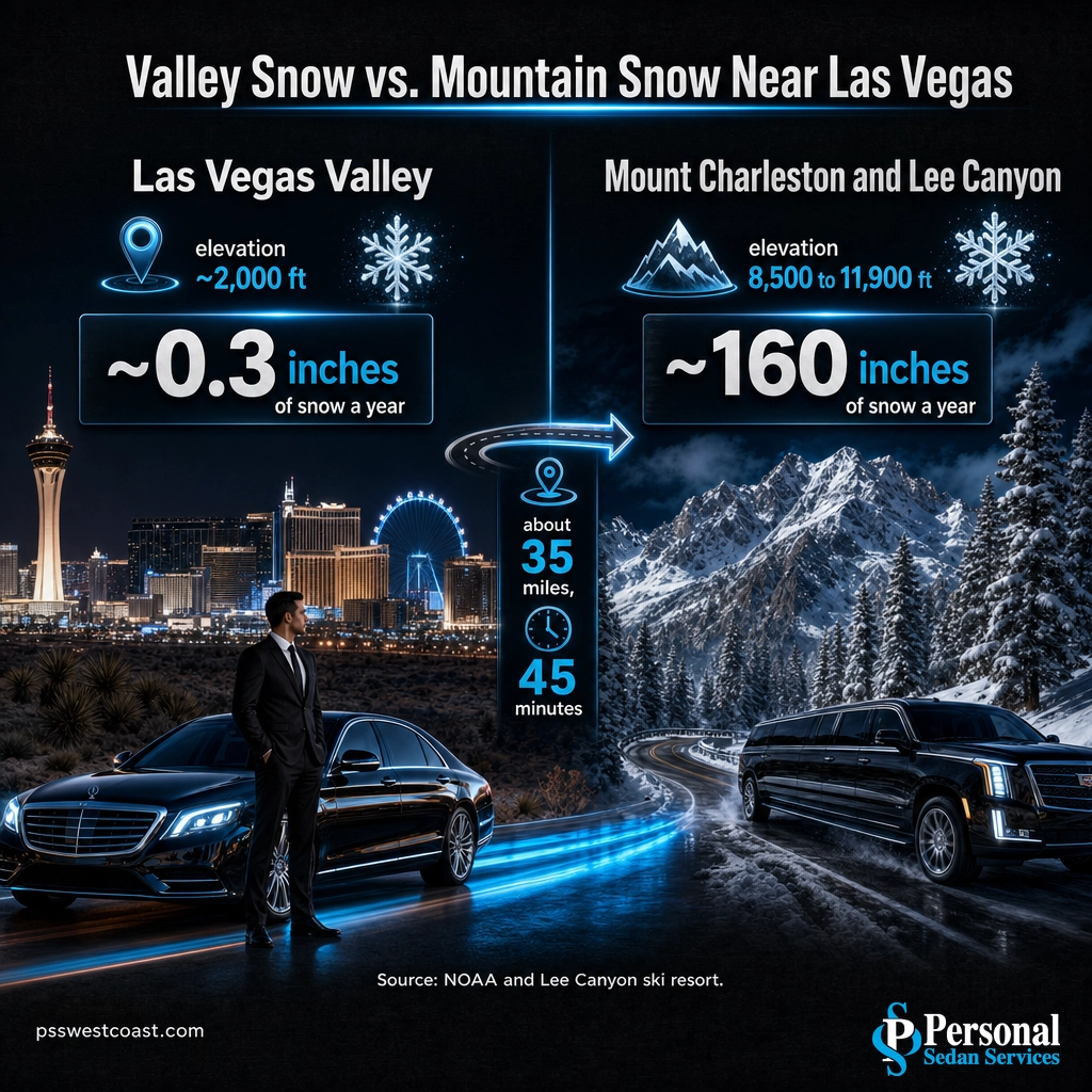 Las Vegas Valley Snow Versus Mount Charleston Mountain Snow Comparison – Personal Sedan Services Split infographic comparing 0.3 inches of yearly snow in the Las Vegas valley with 160 inches at Mount Charleston Lee Canyon
