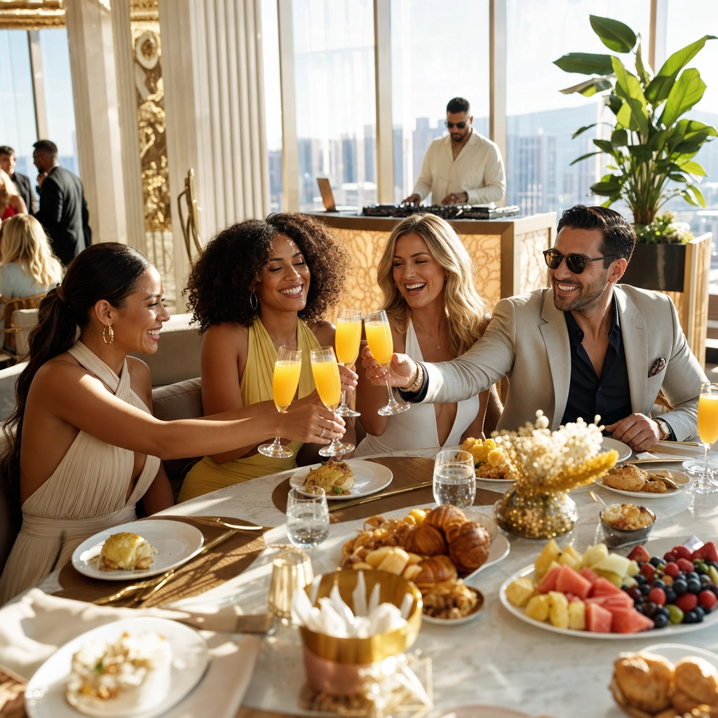 LAVO Party Brunch Bottomless Mimosas Las Vegas – Personal Sedan Services High-energy Las Vegas party brunch crowd raising mimosas with a DJ and confetti