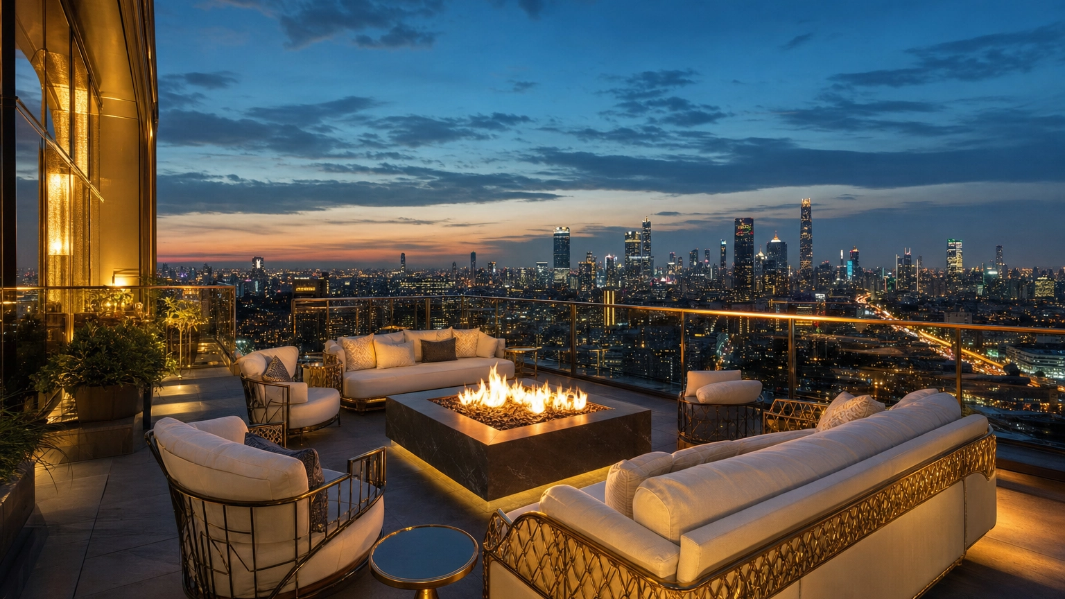 Legacy Club Rooftop Skyline View – Personal Sedan Services Gilded rooftop lounge at dusk overlooking a glowing Las Vegas skyline with a fire pit