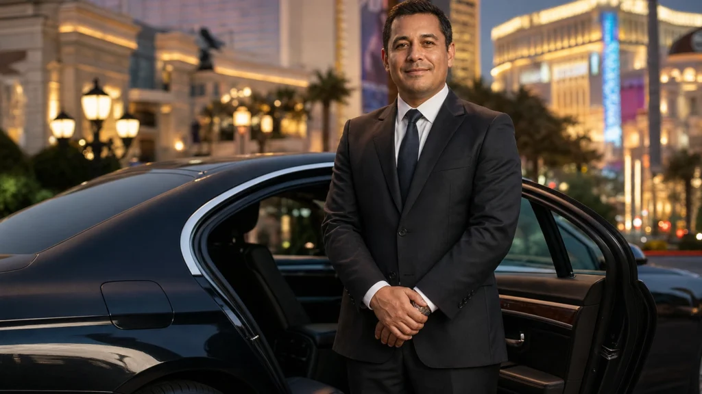 Bare-headed professional chauffeur in a suit beside a black luxury sedan on the Las Vegas Strip at dusk