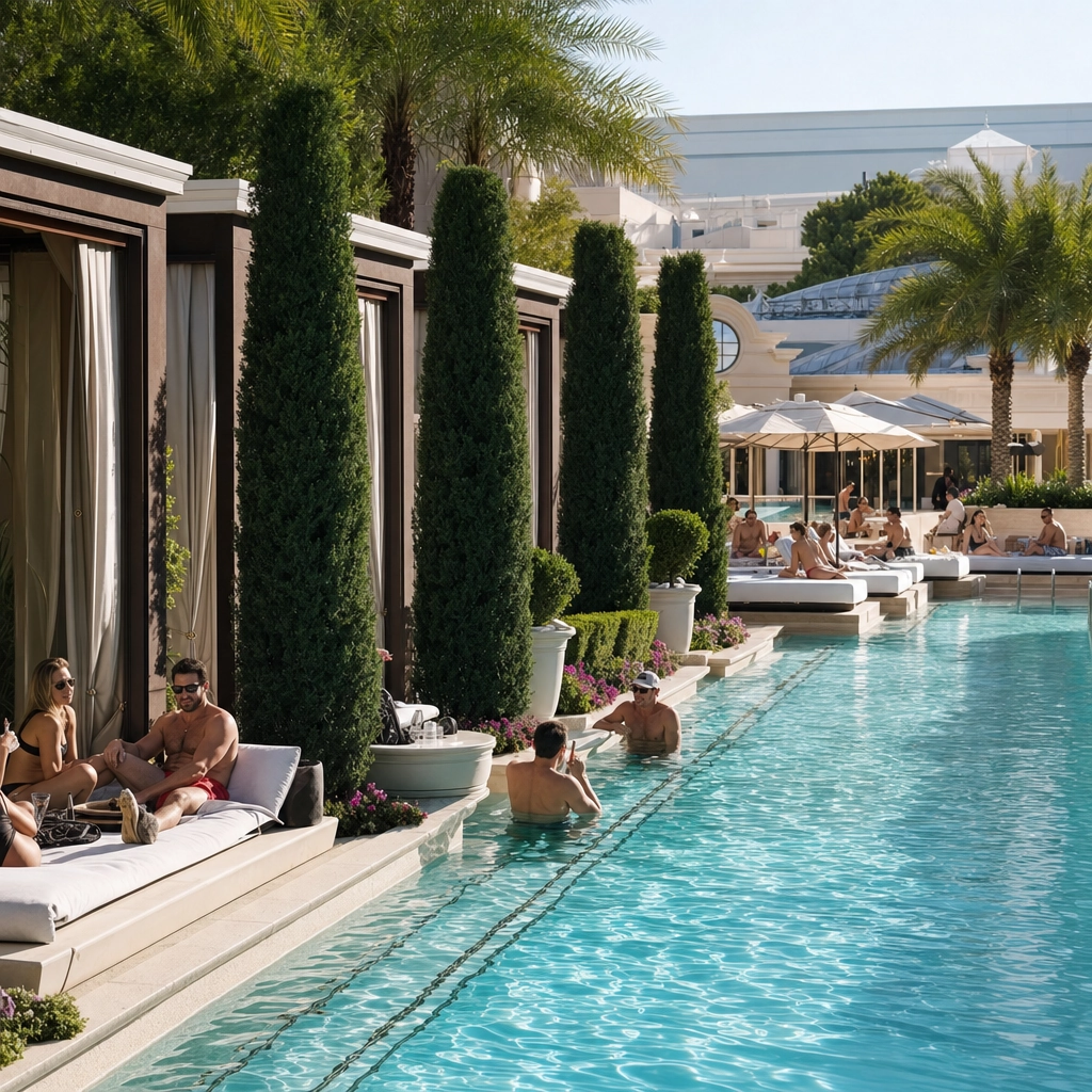 Liquid Pool Lounge Aria Las Vegas Boutique Pool – Personal Sedan Services Boutique European-style Las Vegas pool lounge with elegant cabanas and daybeds on a sunny afternoon at Aria