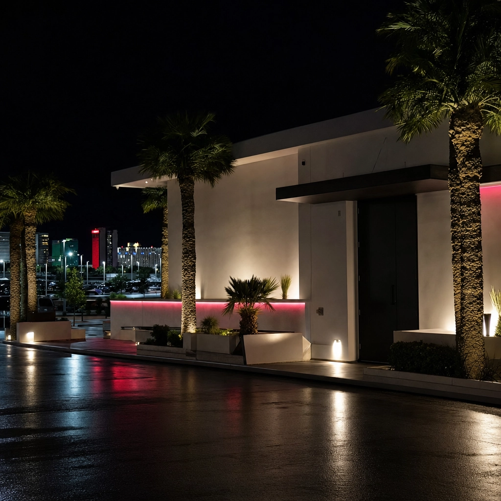 Low discreet Las Vegas club exterior with soft neon glow and an unmarked entrance at night, in the style of Little Darlings