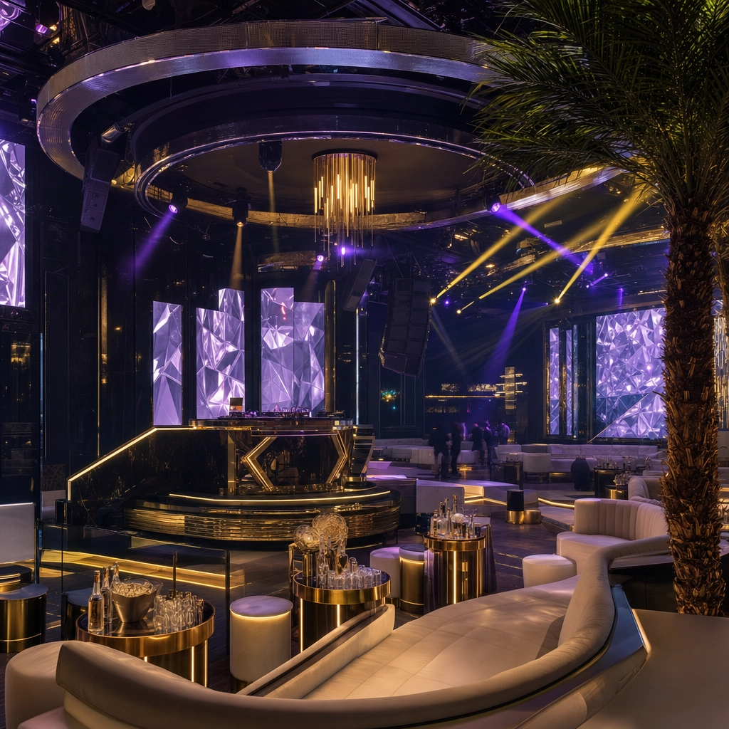 LIV Nightclub Fontainebleau Miami-Style Main Room – Personal Sedan Services Glamorous Miami-style Las Vegas nightclub interior with gold and violet lighting and a modern DJ booth at LIV