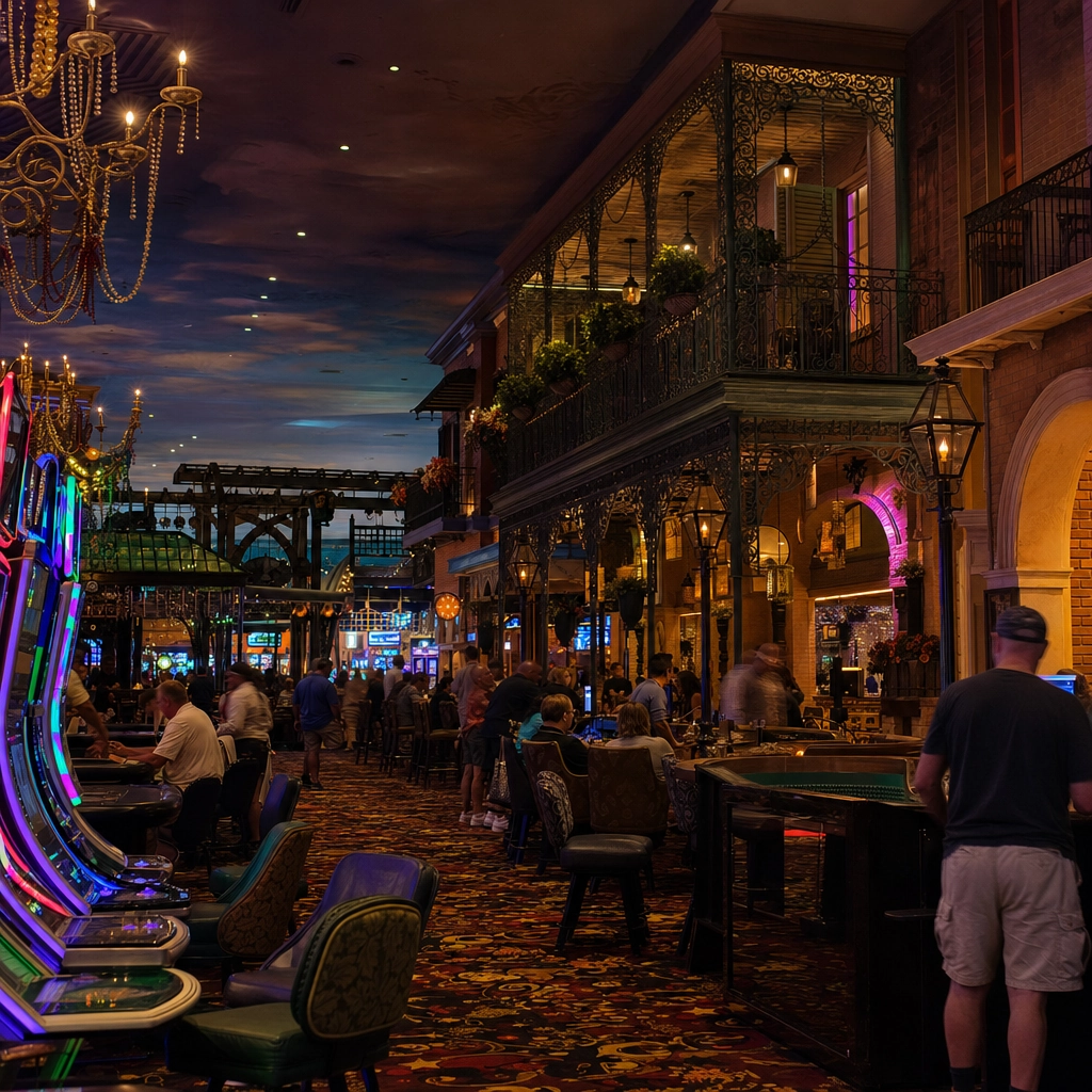 Busy New Orleans-themed Las Vegas casino floor with wrought-iron decor and a large slot and table area