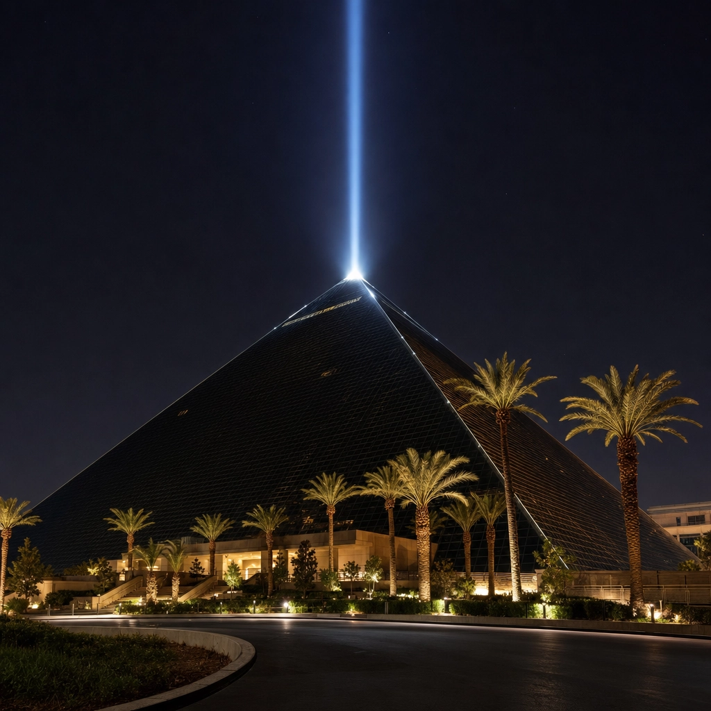 Luxor Black Pyramid Resort On The South Strip – Personal Sedan Services Iconic black glass pyramid resort with a sky beam on the south Las Vegas Strip at night near the airport
