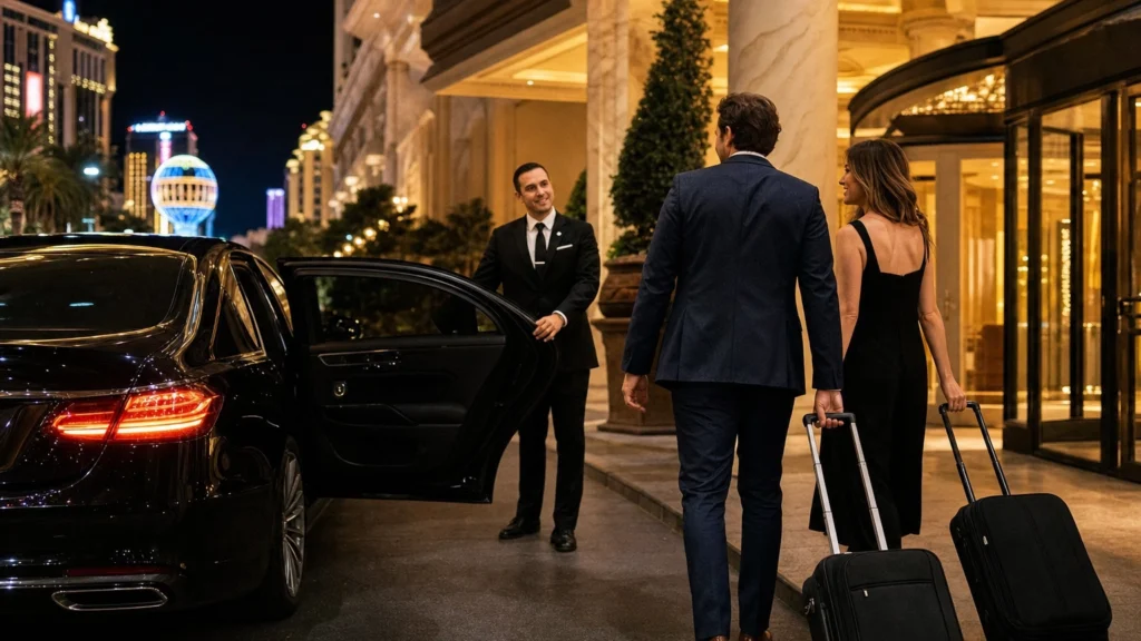 Bare-headed chauffeur opening a black luxury sedan door for guests arriving at a Las Vegas luxury hotel at night