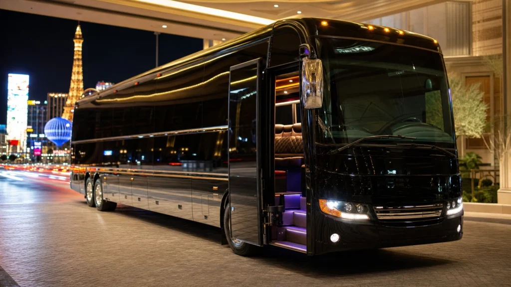 Black full-size luxury party bus with an open door and lit interior at a Las Vegas Strip resort entrance at night