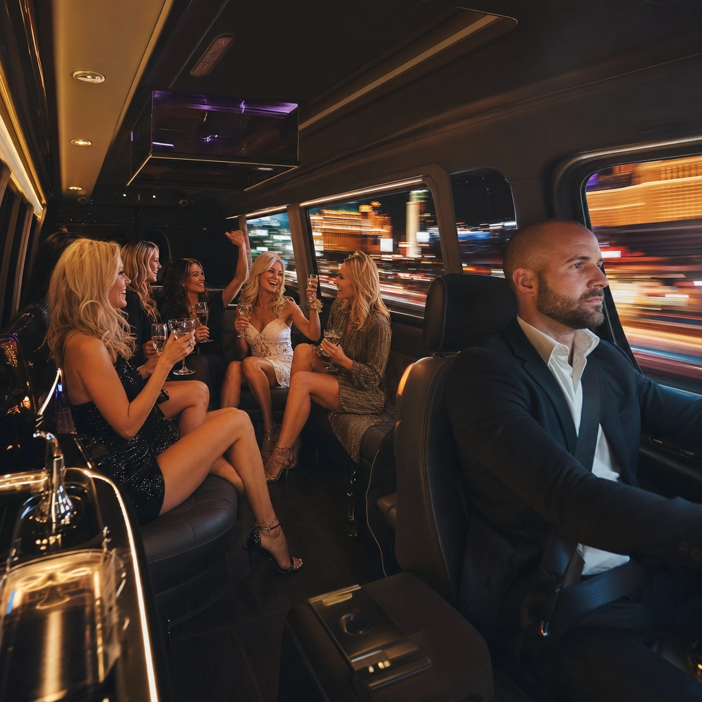 Bachelorette group celebrating inside a luxury party bus with Las Vegas Strip lights through the windows