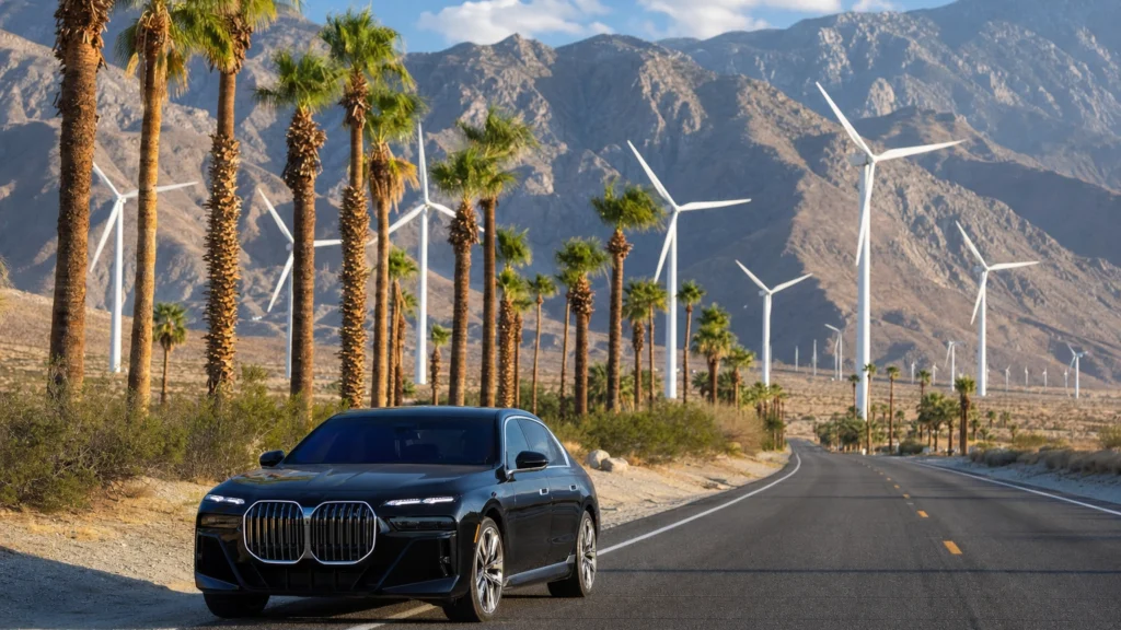 Black luxury sedan on an open desert highway approaching Palm Springs past the San Gorgonio Pass wind turbines at golden hour