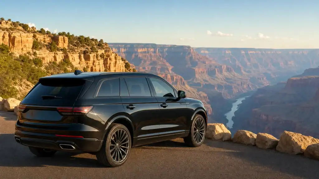 Black luxury SUV parked at a Grand Canyon West Rim overlook at golden hour with layered canyon walls behind