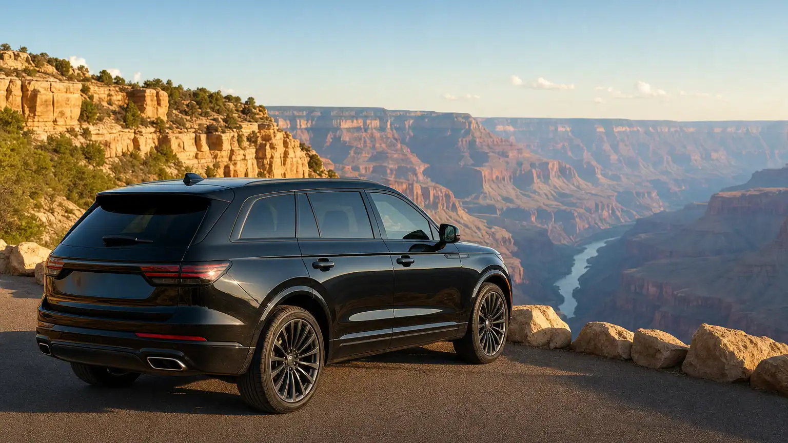 Black luxury SUV parked at a Grand Canyon West Rim overlook at golden hour with layered canyon walls behind