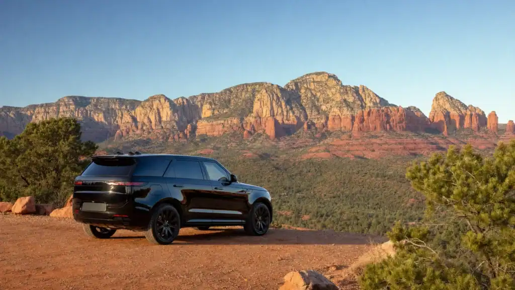 Black luxury SUV parked at a Sedona red rock overlook at golden hour with layered sandstone buttes behind