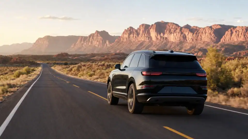Black luxury SUV driving an open desert highway toward red rock mountains at golden hour near Las Vegas