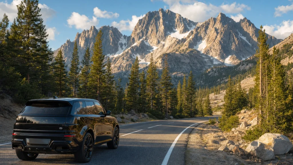Black luxury SUV on an Eastern Sierra highway heading toward the granite peaks near Yosemite at golden hour