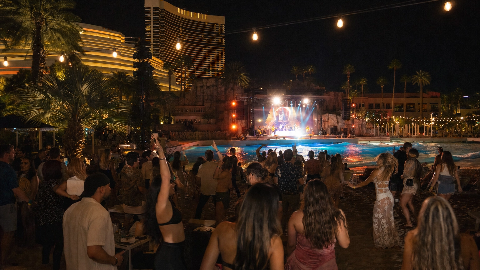 Outdoor beach concert on resort sand with a stage above a wave pool at night in Las Vegas