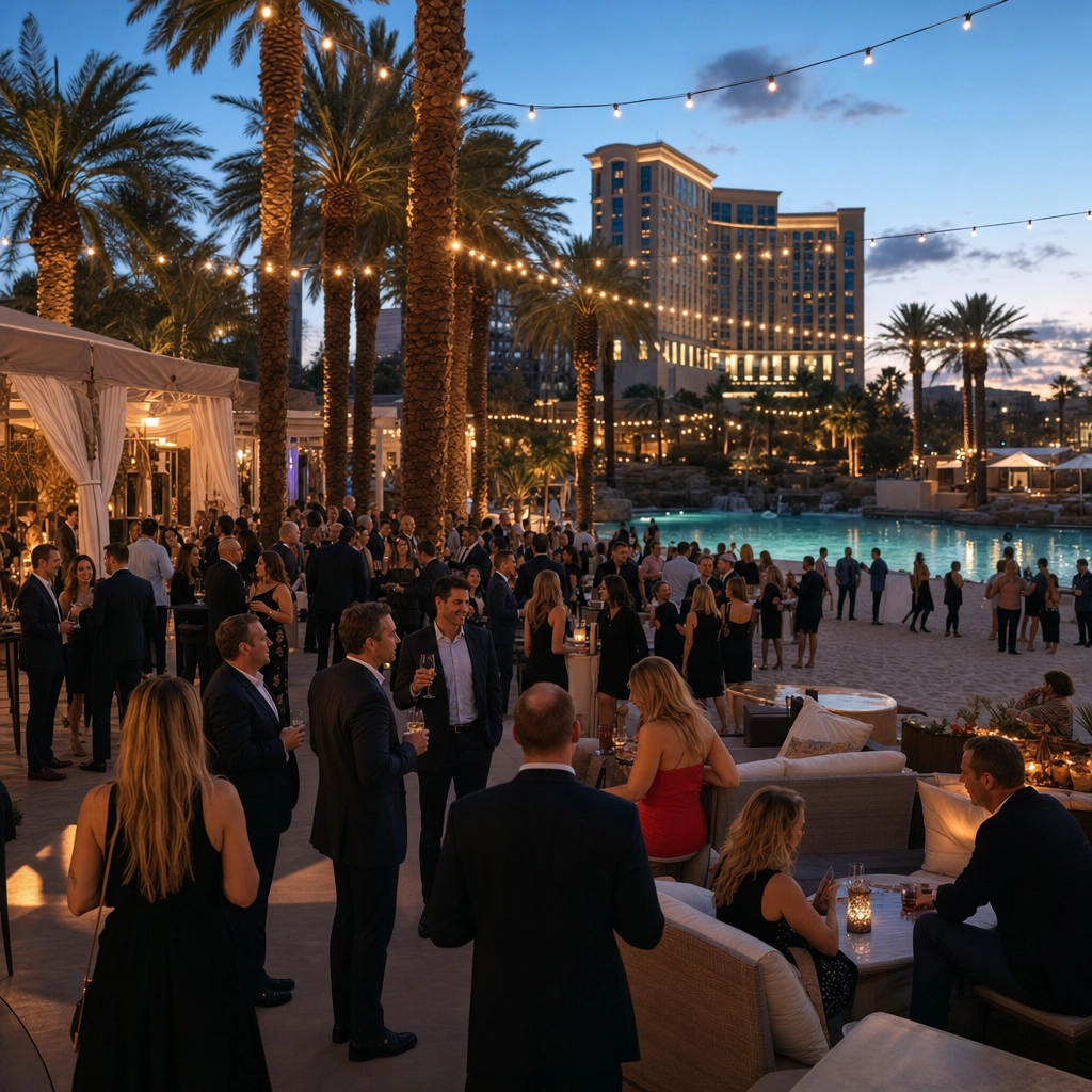 Mandalay Bay Beach Poolside Event Reception – Personal Sedan Services Upscale evening reception at a Las Vegas resort poolside beach venue with palm trees and string lights