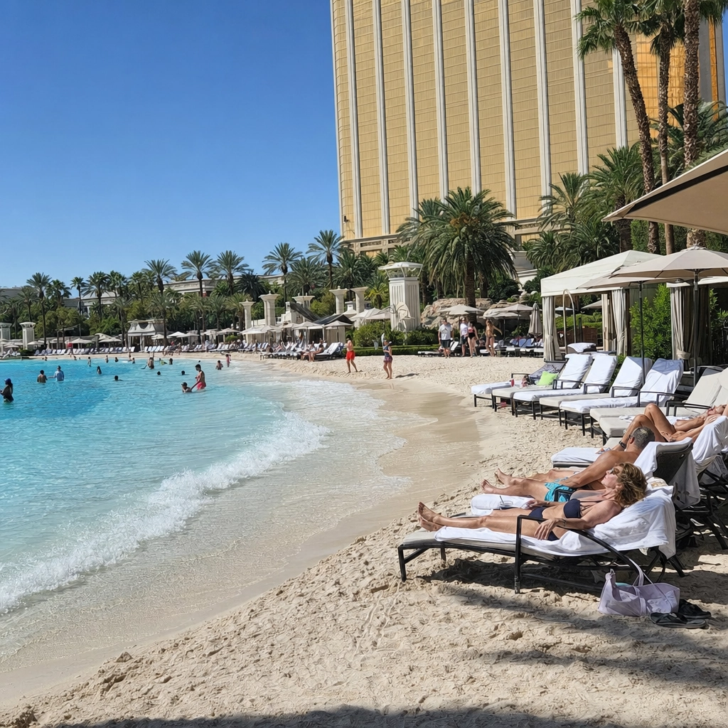 Mandalay Bay Beach Wave Pool and Sand Beach – Personal Sedan Services Mandalay Bay Beach wave pool and real sand beach in Las Vegas