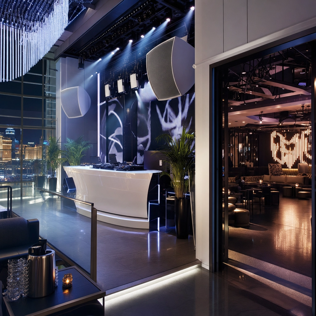 Marquee Nightclub Cosmopolitan Main Room And Lounge – Personal Sedan Services Contemporary Las Vegas nightclub interior with a bright main room and a separate hip-hop lounge at Marquee