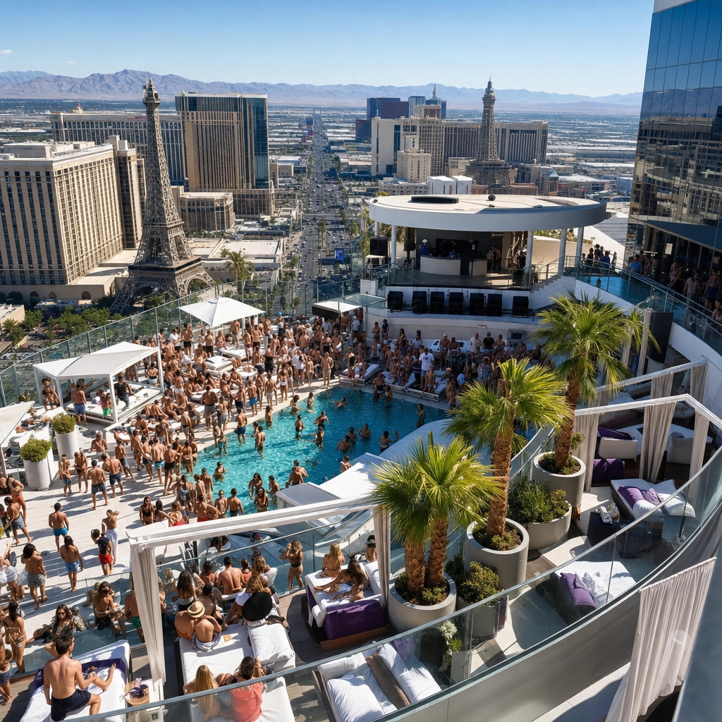 Marquee Rooftop Dayclub Las Vegas Strip View – Personal Sedan Services Rooftop Las Vegas dayclub pool and daybeds overlooking the Strip skyline on a sunny afternoon