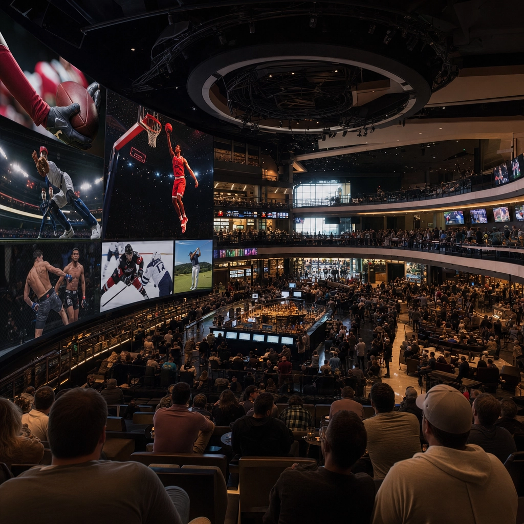 Multi-story Las Vegas sportsbook with towering LED screens and stadium-style seating on game day