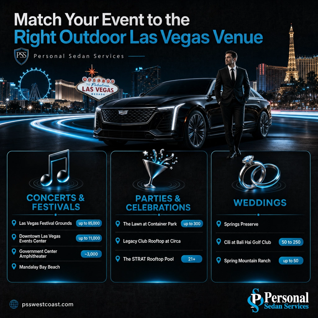 Infographic matching Las Vegas outdoor venues to concerts, parties and weddings by capacity