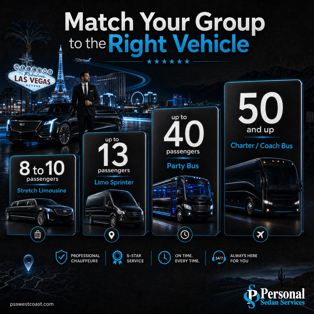 Match Your Group Size To The Right Vehicle – Personal Sedan Services Infographic ladder matching group size to limousine, limo sprinter, party bus, or charter coach for Las Vegas