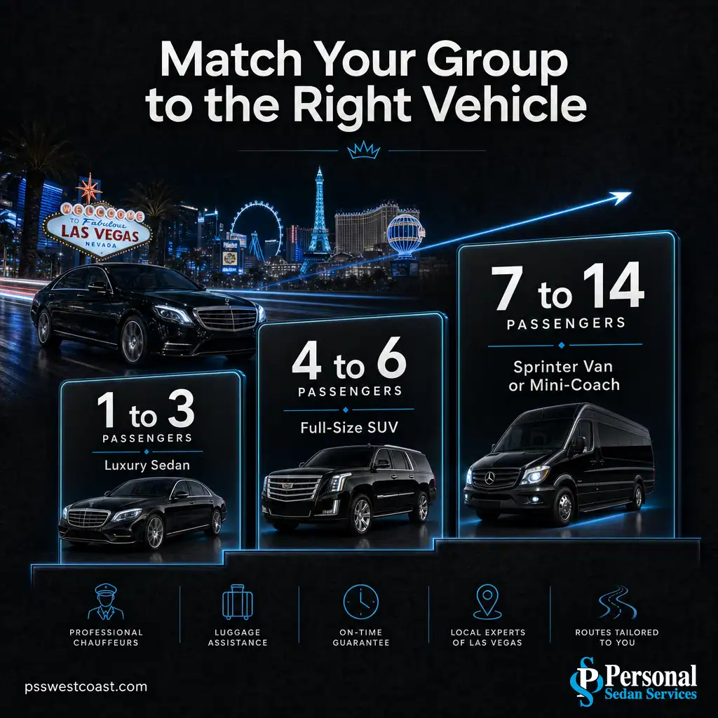 Match Your Group Size To The Right Vehicle – Personal Sedan Services Infographic ladder matching group size to sedan, SUV, or Sprinter van for Las Vegas car service