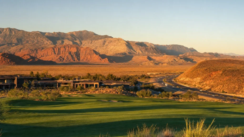 Mesquite Nevada green golf course and resort against red desert mountains at golden hour