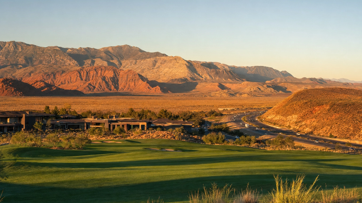 Mesquite Nevada green golf course and resort against red desert mountains at golden hour