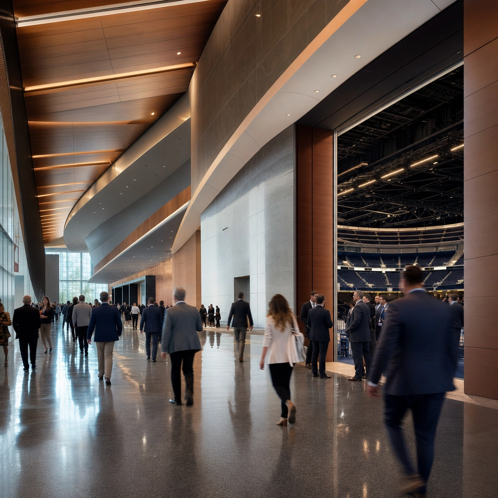 MGM Grand Conference Center Pre-Function Space – Personal Sedan Services Modern Las Vegas hotel conference center corridor with attendees and soaring ceilings