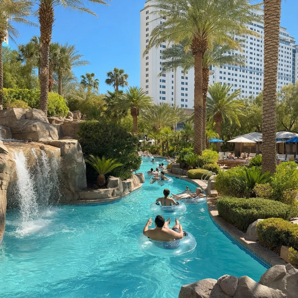 MGM Grand Pool Complex Lazy River – Personal Sedan Services Guests floating on the lazy river at the MGM Grand pool complex in Las Vegas